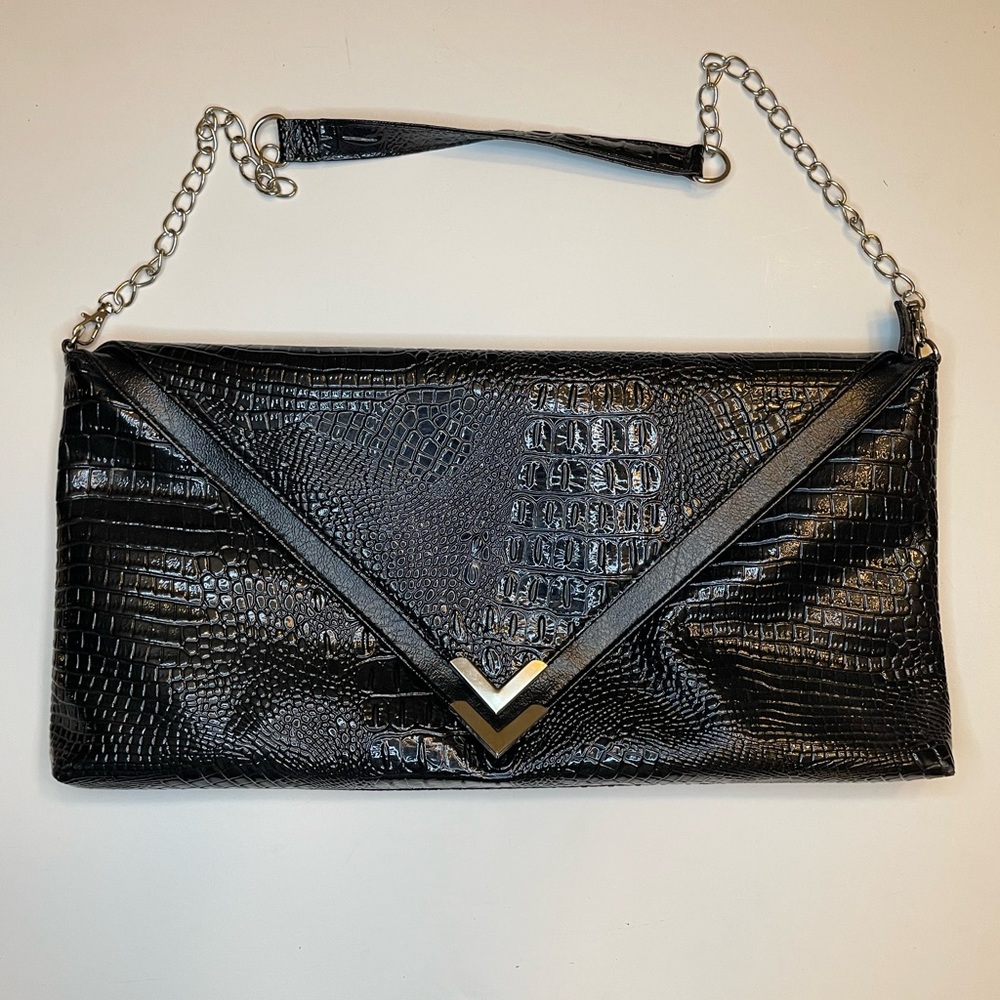 Black faux croc oversized envelope clutch